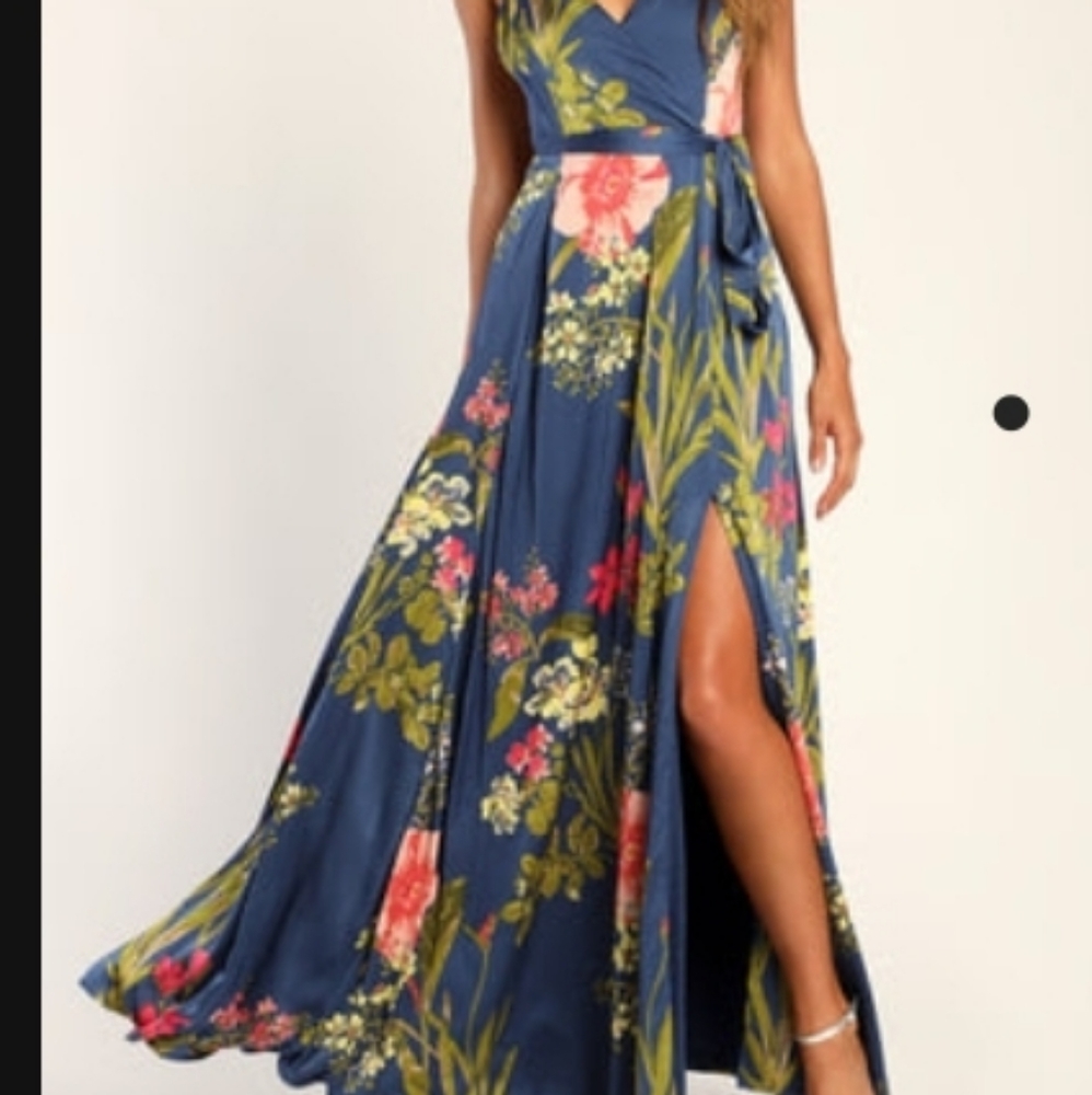 Lulus Still the One Blue Floral Print Satin Maxi Dress NWT